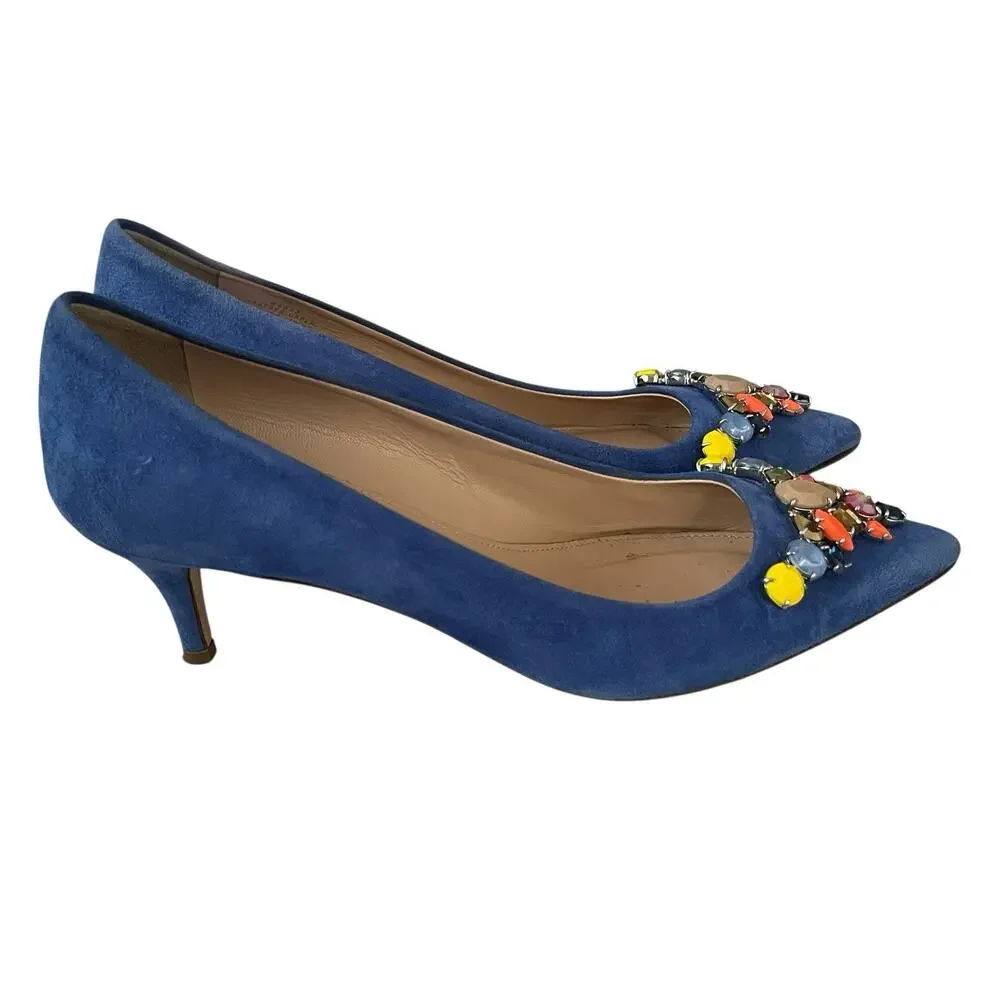 J Crew COLLECTION Dulci Suede Kitten Heels Women’s Size 7.5 Jeweled Blue Italy